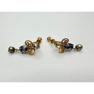 Antique Art Deco Lustern LG Earrings Screw Back Blue Crystal Gold Tone 1930s
